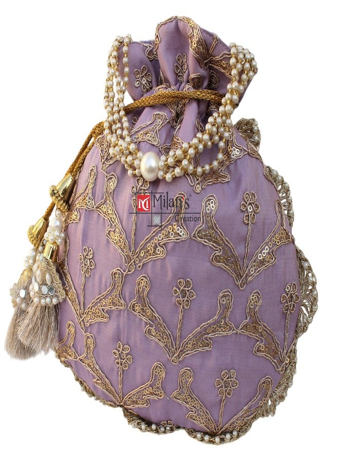 MILAN'S CREATION Fancy Potli Bag Golden Embroidery Shimmer Silk Designer Purse Drawstring Purse With Pearl Handle & Tassel | Ladies Women’s Handbag | Party Wedding Festival Giveaways Gift (Violet) - Image 1